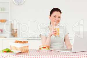 Smiling woman relaxing on her laptop while drinking a glass of o