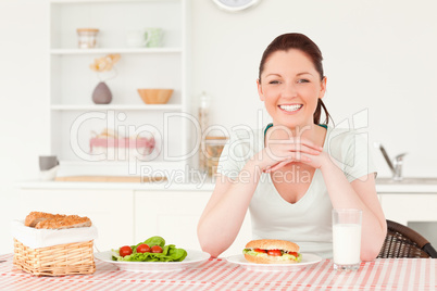 Good looking woman ready to eat a sandwich for lunch