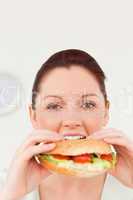 Gorgeous woman eating a sandwich for lunch