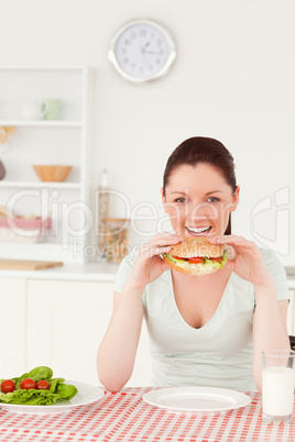 Beautiful woman eating a sandwich for lunch