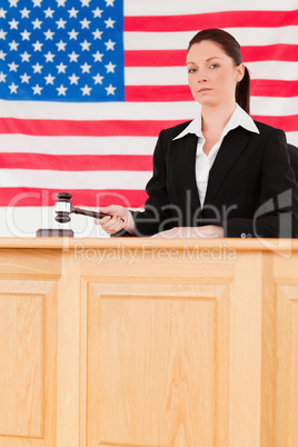 Portrait of a focused judge knocking a gavel looking at the came