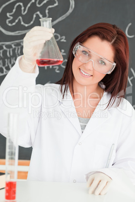 Portrait of a cute scientist showing a conical flask