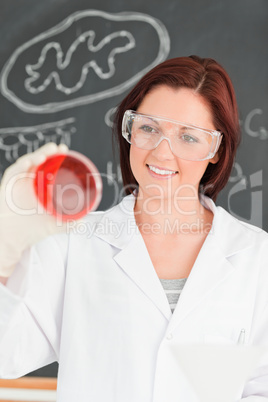 Portrait of a beautiful woman looking at a petri dish