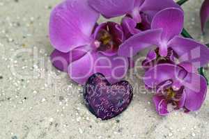 Orchideenblüte mit  Herz im Sand