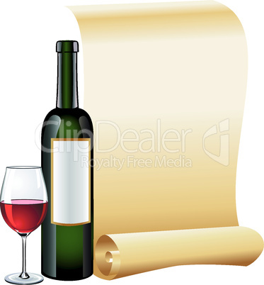 Glass of red wine with bottle and old scroll paper
