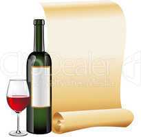Glass of red wine with bottle and old scroll paper