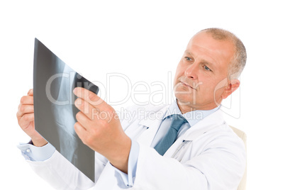 Mature senior doctor male hold x-ray sitting