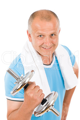 Happy mature man working out with dumbbells