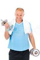 Happy mature man working out with dumbbells