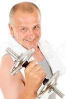 Happy mature man working out with dumbbells