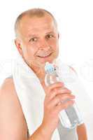 Happy senior man fitness hold water bottle
