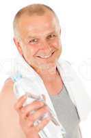 Happy senior man fitness hold water bottle