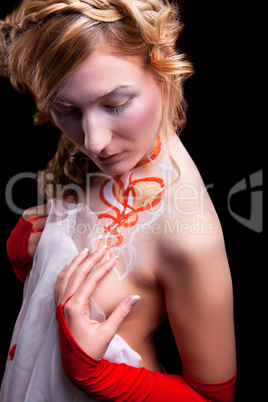 Portrait of a young lady on red background