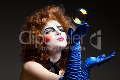 woman mime with soap bubbles.