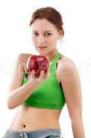 woman in sportswear with apple