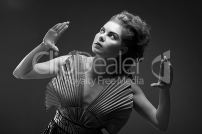 Woman in old fashioned dress, in Black & White