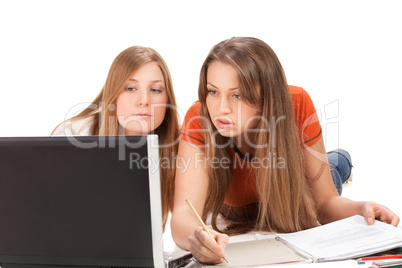 two young happy student girl, isolated on white