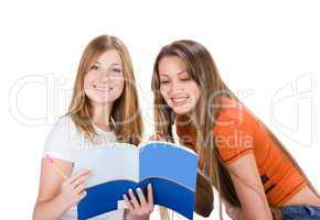 two young happy student girl, isolated on white