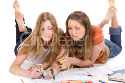 two young happy student girl, isolated on white