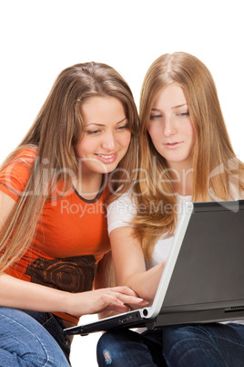 two young happy student girl work on laptop