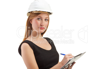 Engineer with laptop isolated on white