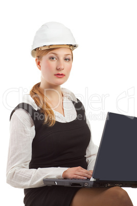 Engineer with laptop isolated on white