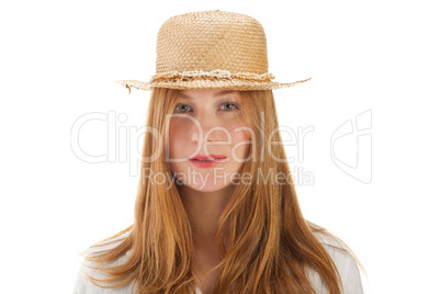 blond woman and straw bonnet