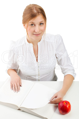 woman with apple and book