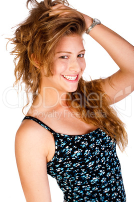 Close-up shot of beauty woman in designer blue top