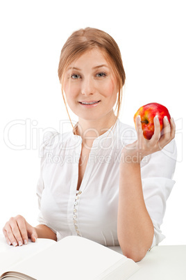 woman with apple and book