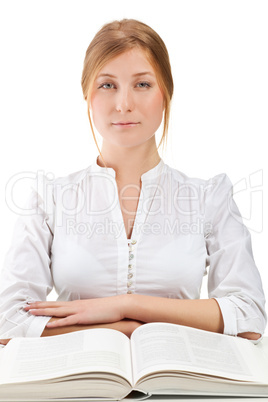 Beautiful blonde student woman with book