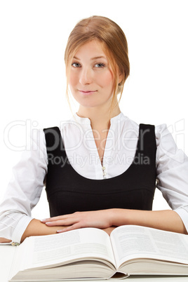 Beautiful blonde student woman with book