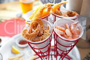 Set of shrimps, boiled, grilled, fried