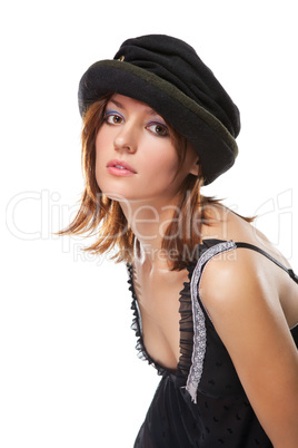 pretty young woman with black bonnet