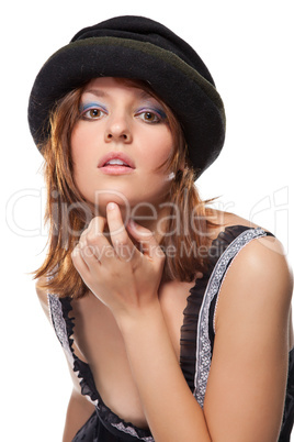 pretty young woman with black bonnet