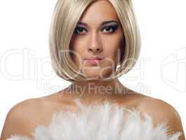 Beauty blond woman portrait with fan