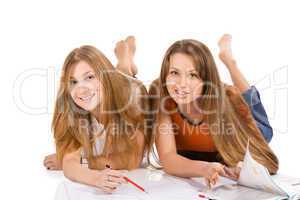 two young happy student girl, isolated on white