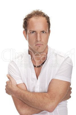 Portrait of young surprised man gesturing.