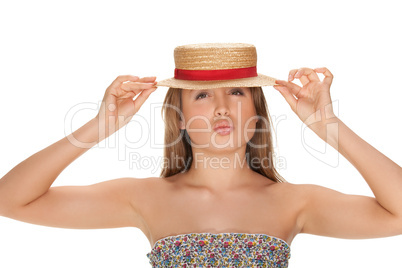 blond woman and straw bonnet