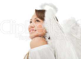 beautiful blonde angel against white background