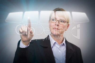 Woman Pushing an Interactive Touch Screen Button