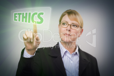 Woman Pushing Ethics Button on Interactive Touch Screen