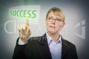 Woman Pushing Success Button on Interactive Touch Screen
