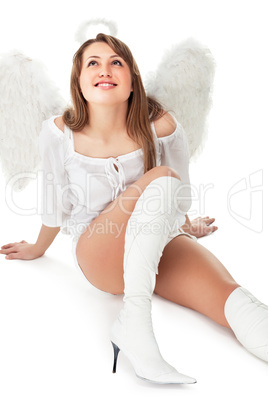 beautiful blonde angel against white background