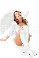 beautiful blonde angel against white background