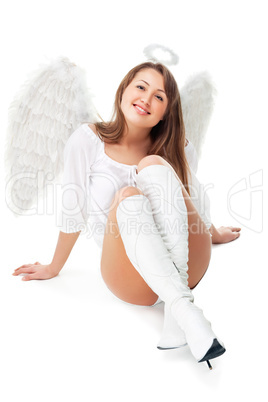 beautiful blonde angel against white background