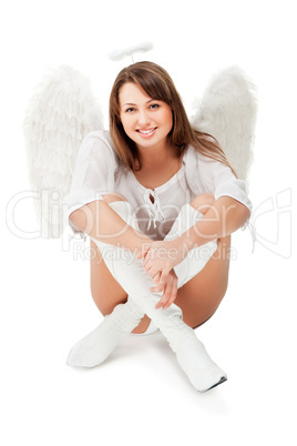 beautiful blonde angel against white background