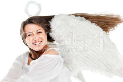 beautiful blonde angel against white background