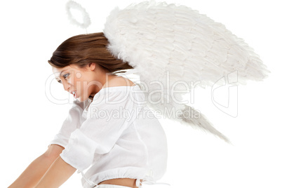 beautiful blonde angel against white background