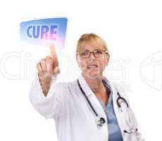 Female Doctor Touching Cure Button on Touch Screen